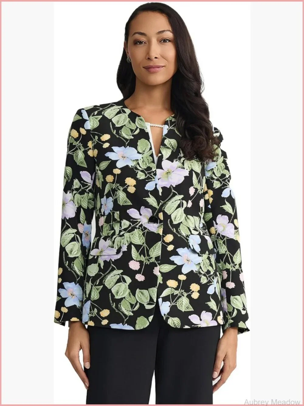 Plus-Size Floral Collarless One Button Blazer, Long Sleeve, Tailored Fit